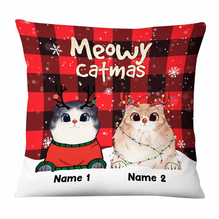 Personalized Square Pillow Gifts For Cat Owners Meowy Catmas Red Plaid Snowflakes Custom Name Sofa Cushion For Christmas