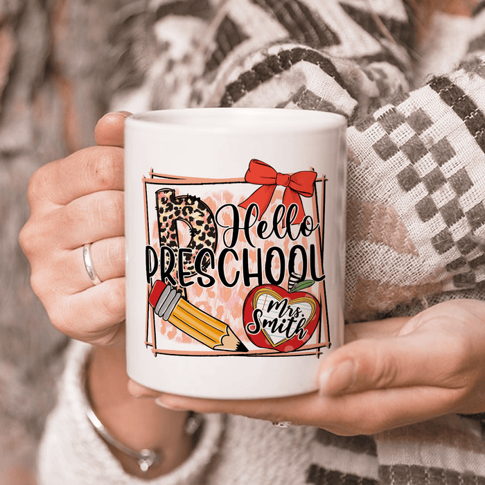 Personalized Coffee Mug For Teacher Hello Preschool Leopard Apple Pencil Custom Name White Cup Gifts For Back To School