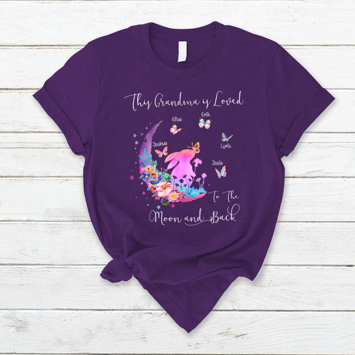 Personalized T-Shirt This Grandma Is Loved To The Moon And Back Bunny & Floral Crescent Moon Custom Grandkids Name