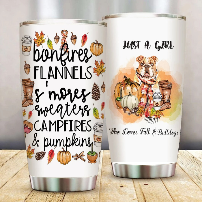 Personalized Tumbler For Dog Owners Just A Girl Who Loves Fall & Bulldogs Travel Cup Custom Name Gifts For Thanksgiving