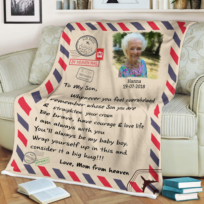 Personalized Memorial Blanket To My Son From Mom In Heaven Airmail & Stamp Design Custom Name & Photo Sympathy Gifts