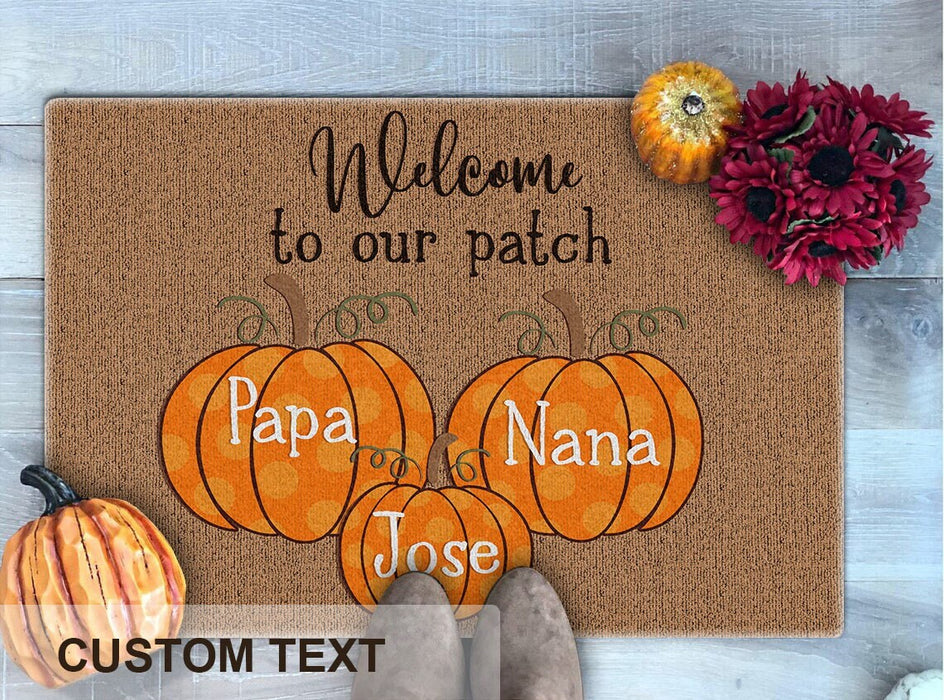 Personalized Doormat Welcome To Our Patch Cute Pumpkin Printed Polka Dot Design Custom Family Member Fall Doormat