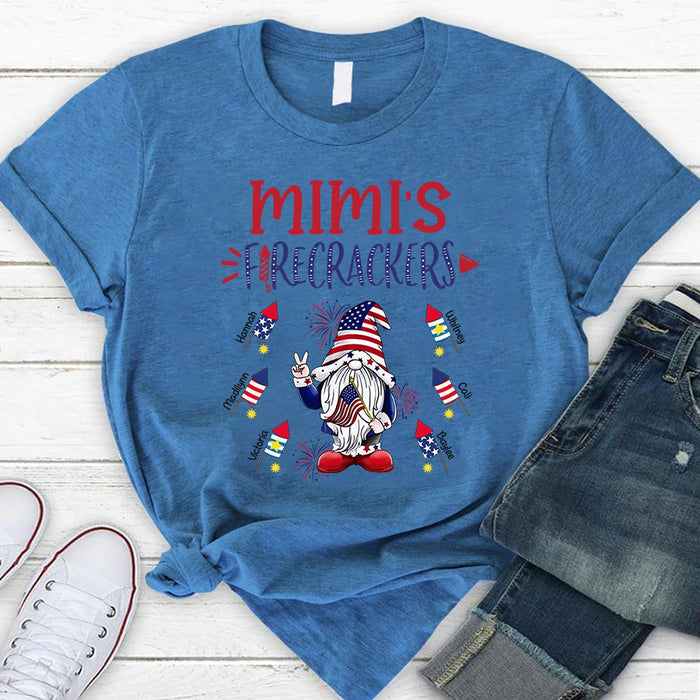 Personalized T-Shirt For Grandma Mimi's Firecrackers USA Flag Design Custom Grandkids Name Independence Day Shirt