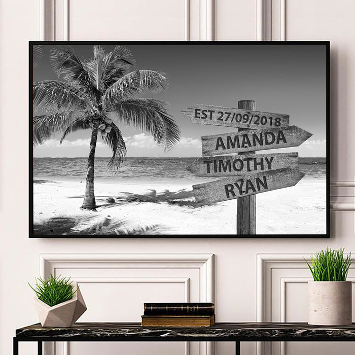 Personalized Wall Art Canvas For Family Black And White Beach Coconut Street Sign Poster Custom Multi Name & Date