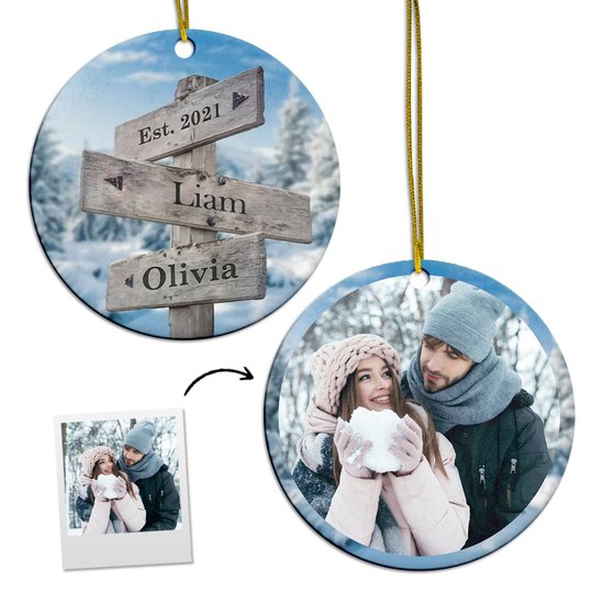 Personalized Ornament Gifts For Couples Street Sign Wooden Winter Printed Custom Name  Photo Tree Hanging On Christmas