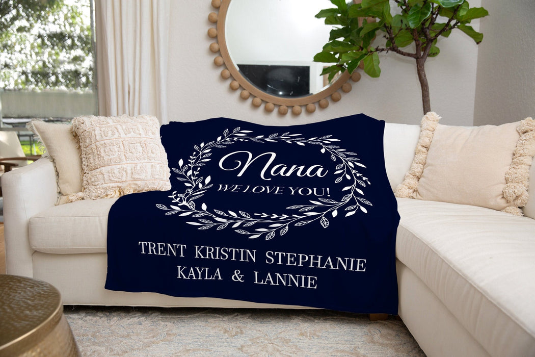 Personalized Navy Blue Blanket For Grandma Mom Nana We Love You Rustic Monogram Blanket Custom Title & Grandkids Name