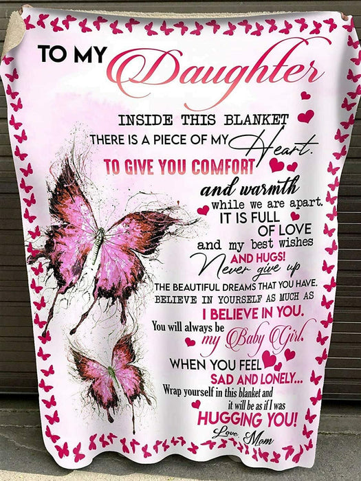 Personalized Family Love Message Blanket  to My Daughter from MomDad Pink Butterfly White Fleece Blanket  Birthday Gifts, for Daughter Mom to Daughter Blanket