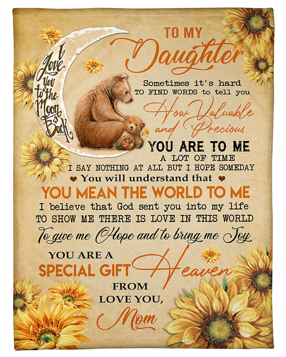 Personalized To My Daughter Blanket From Mom Sometimes It's Hard To Find Words Cute Bear & Sunflower Printed