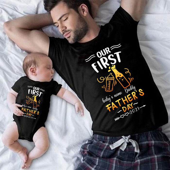 Personalized Daddy Son Matching Shirts Our First Fathers Day Onesie for Baby Custom Name Dad And Son And Year