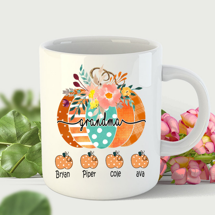 Personalized Coffee Mug Gifts For Grandma Floral Pumpkin Autumn Custom Grandkids Name Thanksgiving White Cup