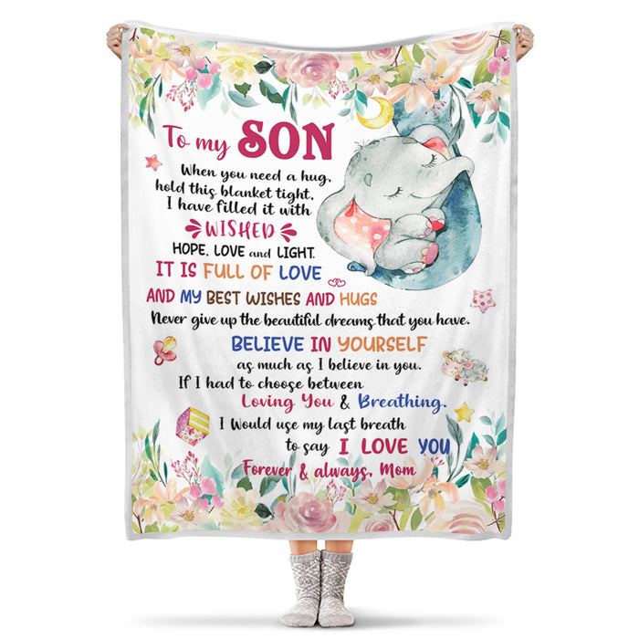 Personalized Lovely Fleece Blanket To My Son Love Mom Rustic Floral Elephant Hug Print Custom Name Throw Blanket