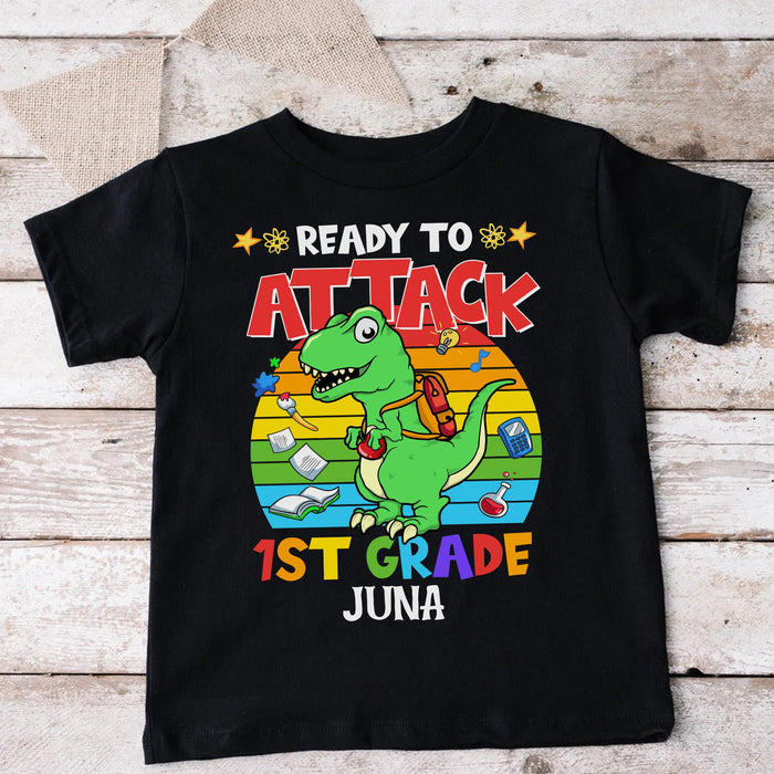 Personalized T-Shirt For Kid Ready To Attack 1st Grade Colorful Design & Dinosaur Custom Name Back To School Outfit