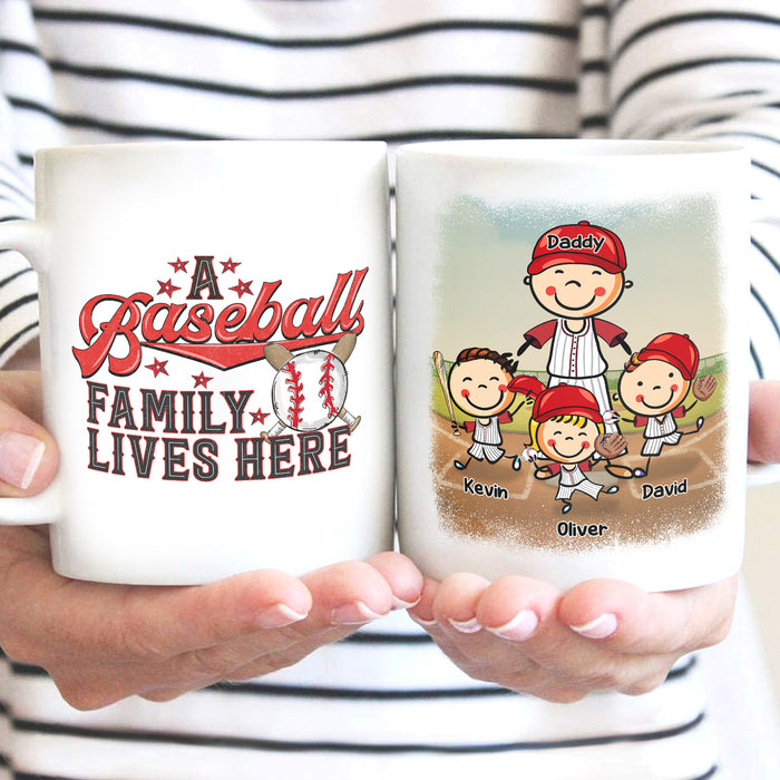 Personalized Ceramic Coffee Mug A Baseball Family Lives Here Balls Bats And Kids Print Custom Name 11 15oz Cup
