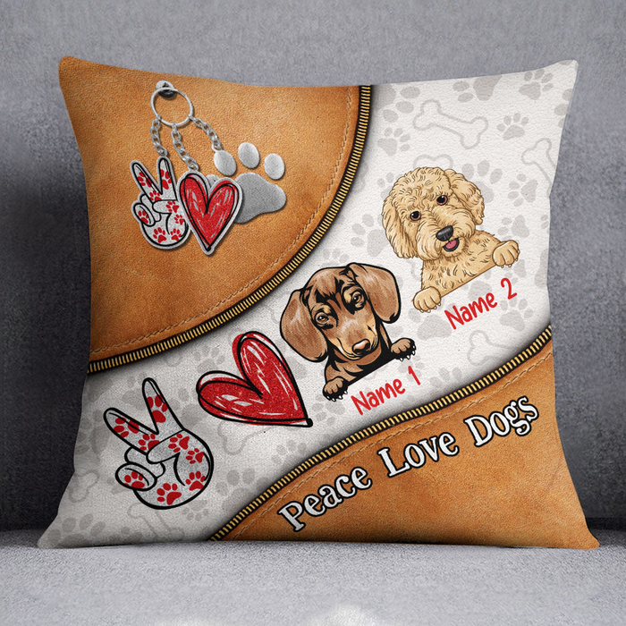 Personalized Square Pillow Gifts For Dog Owner Love Peace Heart Zipper Custom Name Sofa Cushion For Birthday Christmas