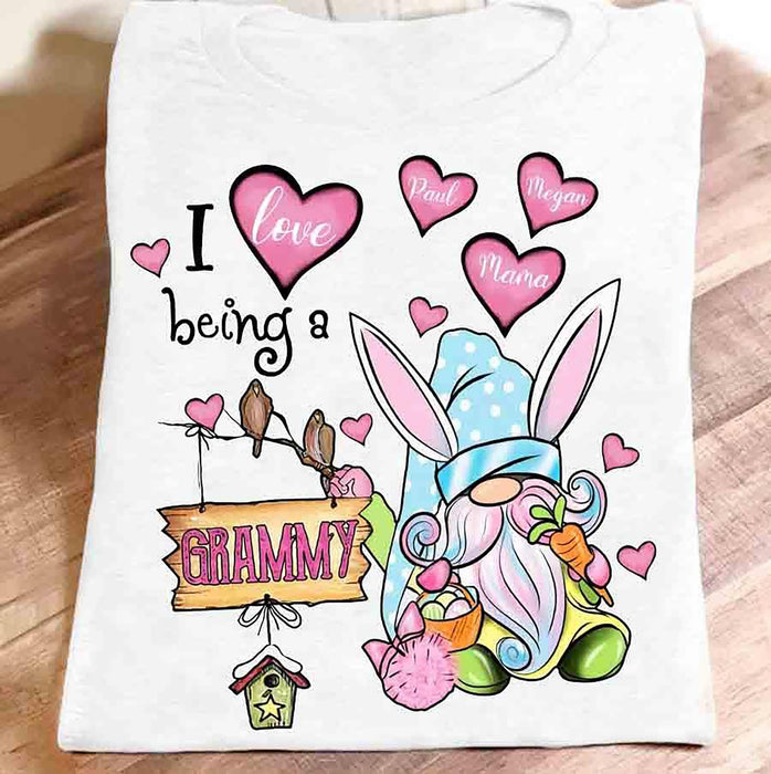 Personalized T-Shirt For Grandma I Love Being A Grammy Cute Bunny Gnome With Egg Basket Printed Custom Grandkids Name