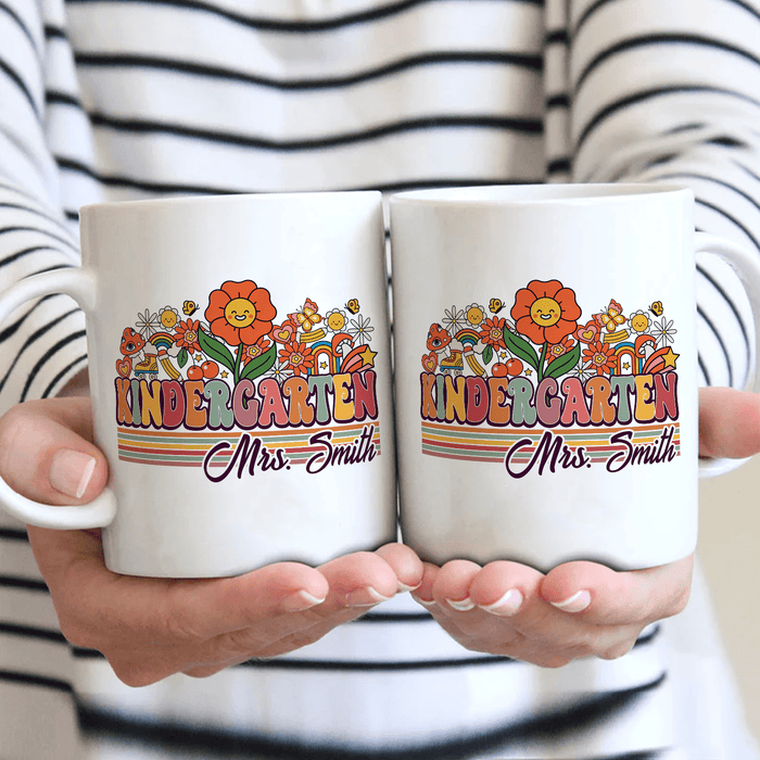 Personalized Coffee Mug For Teacher Kindergarten Flowers Vintage Retro Custom Name Ceramic Cup Gifts For Back To School