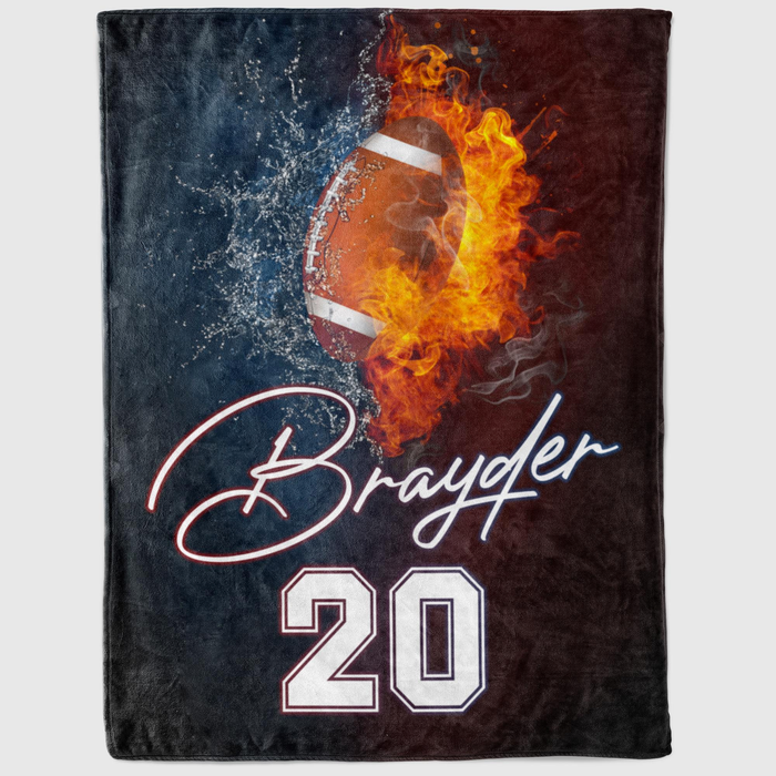 Personalized Blanket For Football Lovers 3D Ball In Fire & Water Custom Name & Number Blanket For Team Fans Players