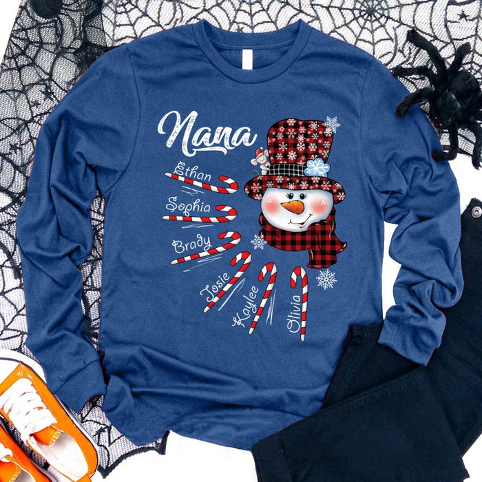 Personalized Sweatshirt For Grandma From Grandkids Nana Red Plaid Snowman Candy Cane Custom Name Shirt Christmas Gifts