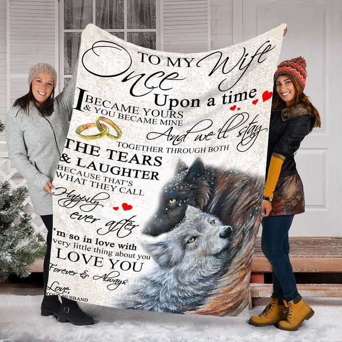 Personalized Valentine Blanket To My Wife Once Upon A Time Rings & Wolf Couple Prints Custom Name Fleece Blankets