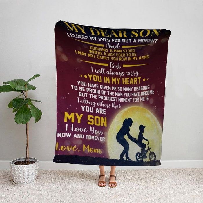 Personalized Dear My Son Fleece Blanket From Mom I Will Carry You In Heart You Are My Son I Love You Custom Name