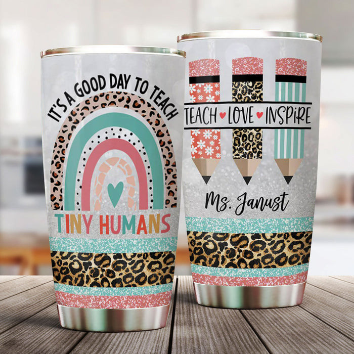 Personalized Travel Tumbler Teacher 20oz Cup Custom Name It's A Good Day To Teach Leopard Rainbow Back To School Gifts