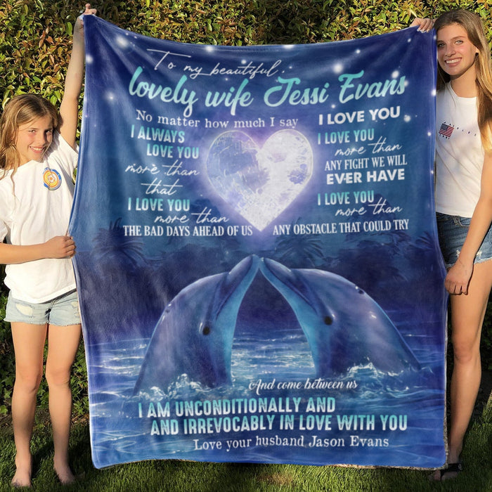 Personalized Blanket To My Lovely Wife Blue Dolphin Couple & Heart Moon Prints Custom Name Blanket For Valentine