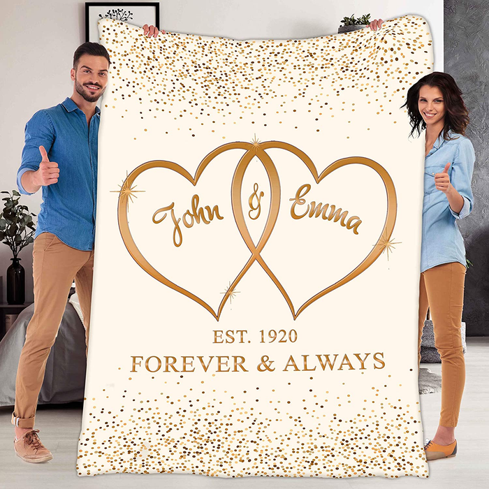 Personalized Romantic Sherpa Blanket For Couple Forever & Always Heart In Heart Blanket For Valentine Custom Name & Year