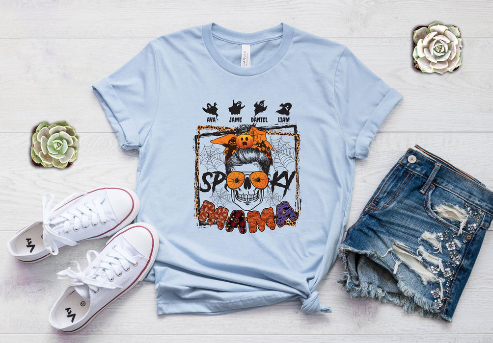 Personalized T-Shirt For Grandma Spooky Mama Messy Bun Skull With Pumpkin & Ghost Printed Custom Grandkids Name