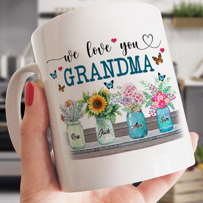 Personalized Coffee Mug Gifts For Grandma From Grandkids Grandma Flower We Love You Custom Name Mothers Day White Cup