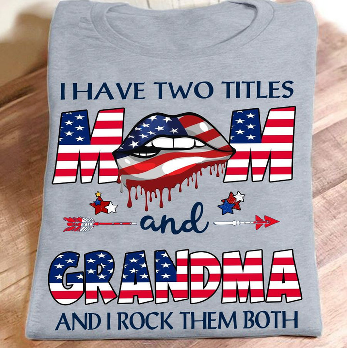 Personalized T-Shirt For Grandma Lips & Arrow Print USA Flag Design Custom Grandkids Name 4th July Day Shirt