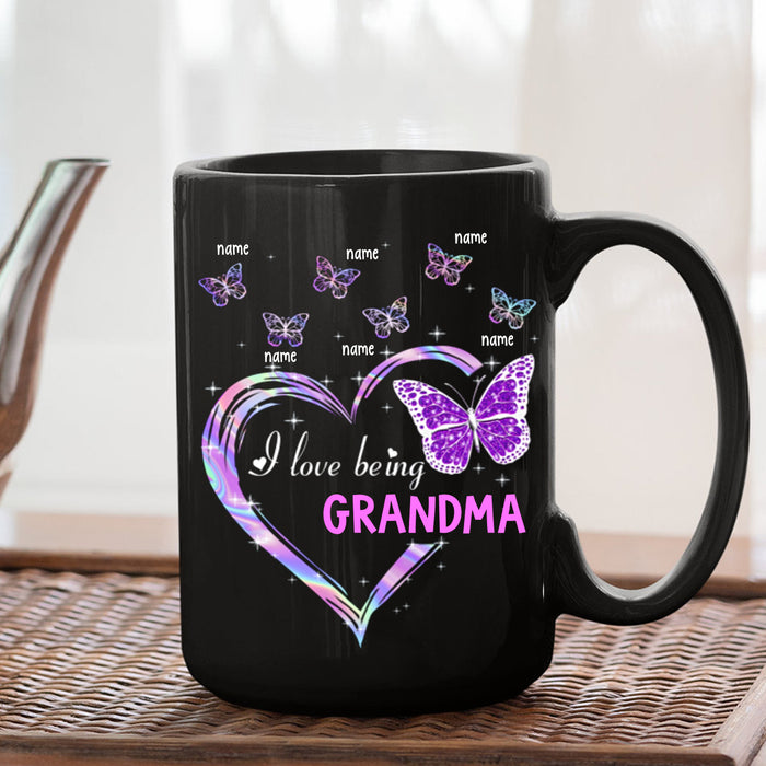Personalized Coffee Mug Gifts For Grandma I Love Being Nana Heart Butterflies Custom Grandkids Name Christmas Black Cup
