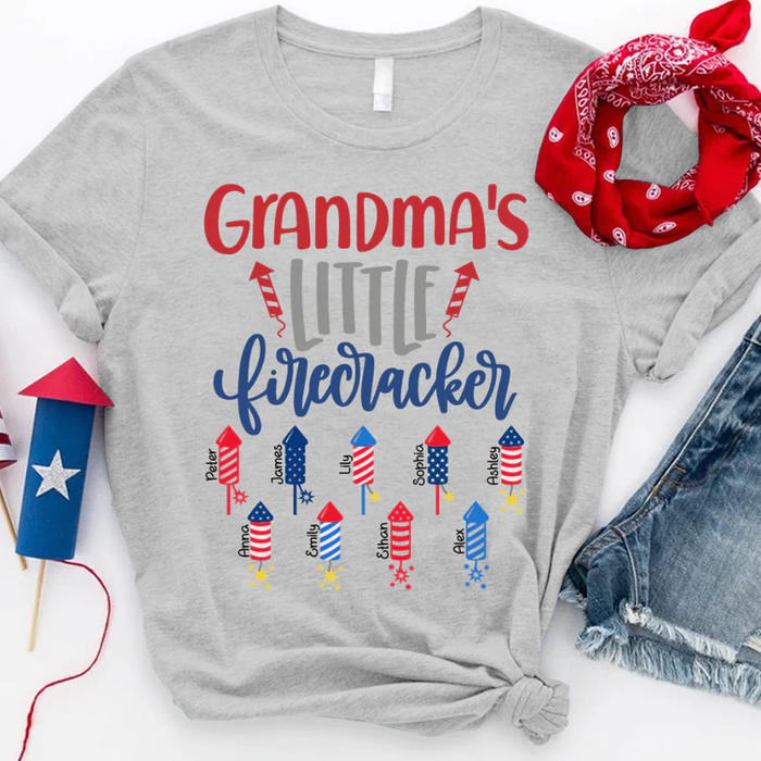 Personalized T-Shirt Grandma's Little Firecrackers USA Flag Design Custom Grandkids Name 4th Of July Shirt