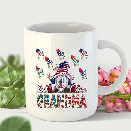 Personalized Ceramic Coffee Mug For Grandma Gnome Firecrackers USA Flag Custom Grandkids Name 11 15oz 4th Of July Cup