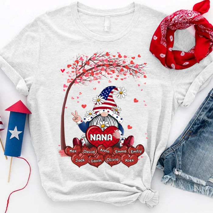 Personalized T-Shirt For Grandma Gnome & Tree With Tree Print USA Flag Design Custom Grandkids Name 4th Of July Shirt