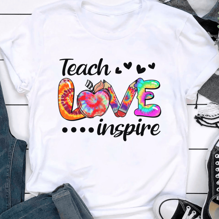 Classic T-Shirt For Teacher Teach Inspire Tie Dye Apple Design Pencil Print Custom Name Back To School Outfit