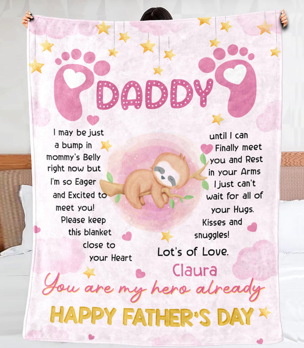 Personalized Fleece Sherpa Blanket From Baby Girl Daddy To Be Cute Sloth I Just Can't Wait For Happy Father's Day