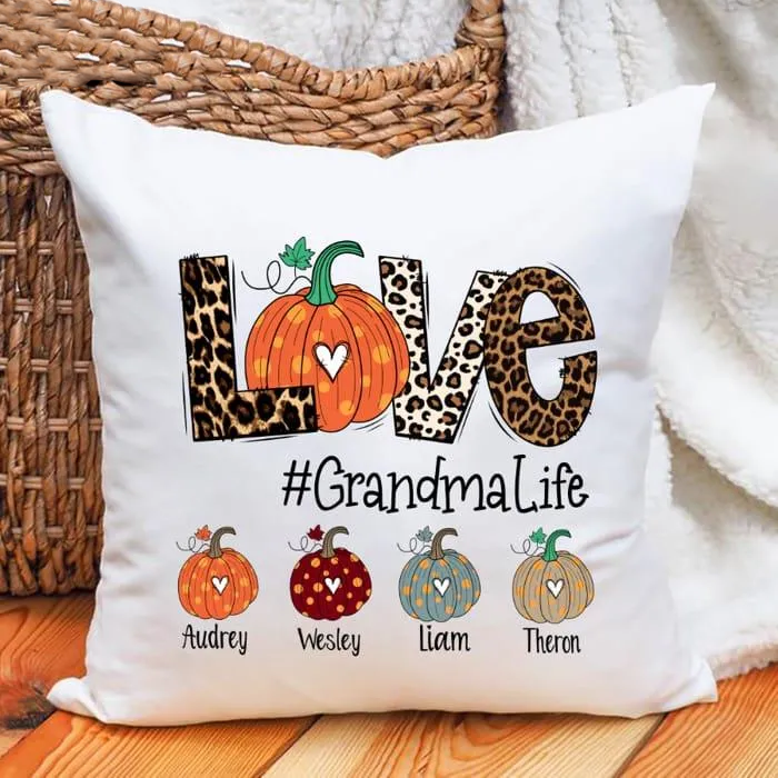 Personalized Square Pillow For Grandma Leopard Pumpkin Love Life Custom Grandkids Name Sofa Cushion Thanksgiving Gifts