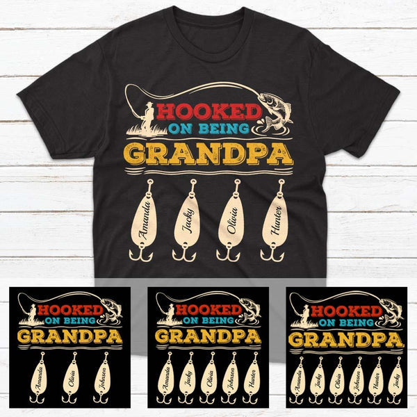 Personalized T-Shirt For Fishing Lovers Hooked On Being Grandpa Retro Vintage Design Custom Grandkids Name