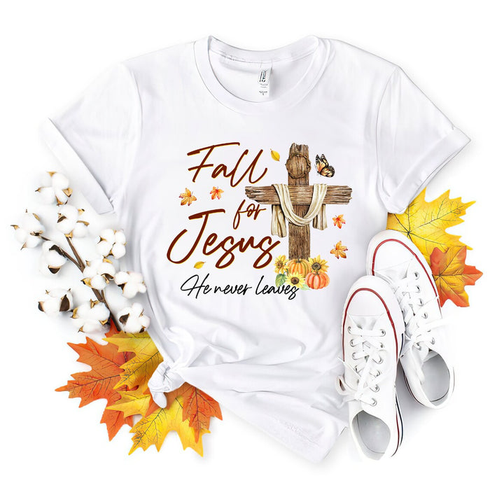 Classic T-Shirt For Christian Fall For Jesus He Never Leaves Christ Cross With Pumpkin Sunflower Butterfly Printed