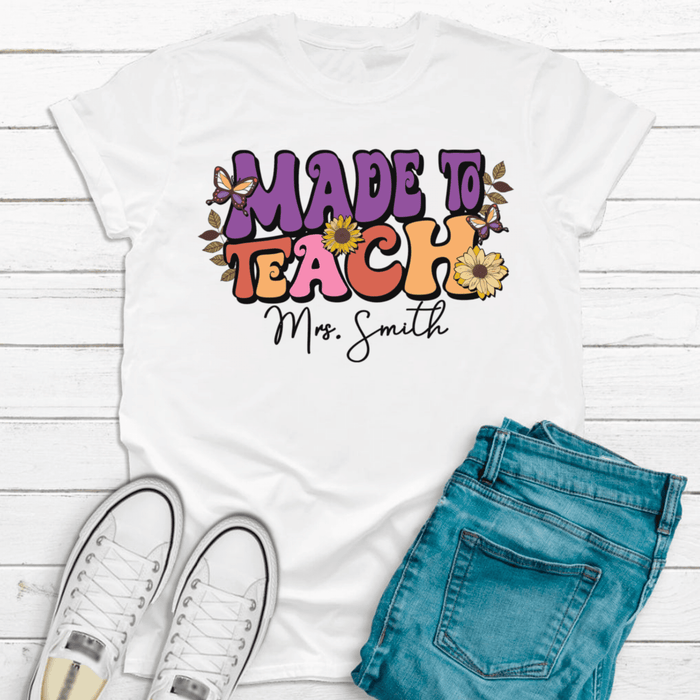 Personalized T-Shirt For Teacher Colorful Design Sunflower & Butterfly Print Custom Name Back To School Outfit