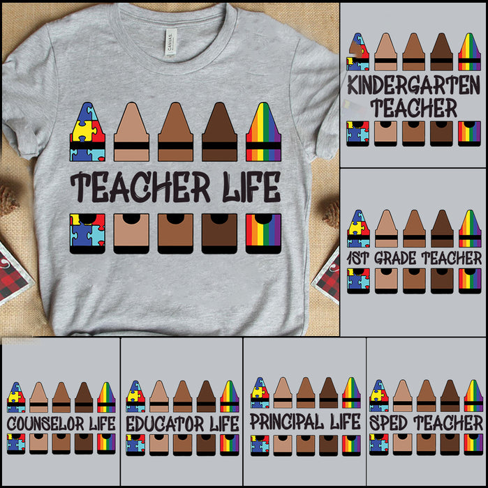 Personalized T-Shirt For Teacher Crayon Pencil Puzzle Brown Stripe Design Teacher Life Custom Title Back To School Shirt