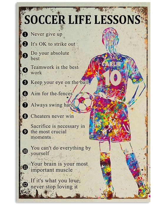 Personalized Soccer Life Lessons Poster Canvas For Women Player With Ball Printed Custom Name & Number