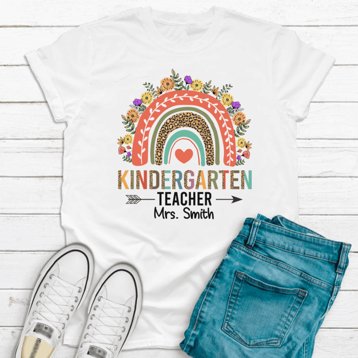 Personalized T-Shirt For Teachers Kindergarten Colorful Leopard & Flower Design Custom Name Back To School Outfit