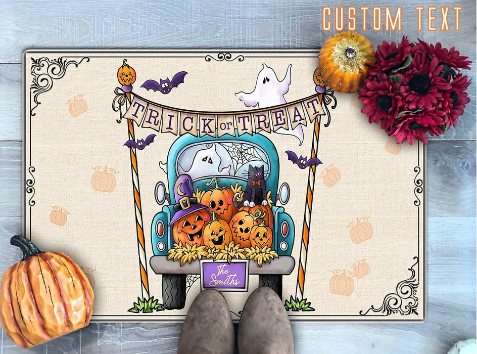 Personalized Welcome Doormat For Halloween Trick Or Treat Cute Pumpkin Truck With Ghost & Black Cat Custom Family Name