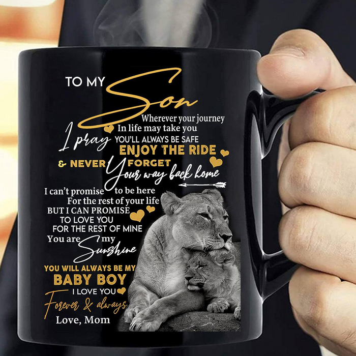 Personalized To My Son Coffee Mug From Mom Dad Enjoy The Rides Cuddle Lion Custom Name Black Cup Gifts For Birthday