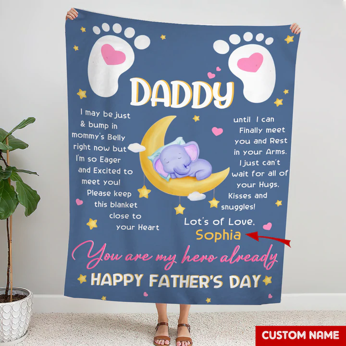 Personalized Blanket To My Dad From Baby Bump My Hero Happy Father's Day Cute Baby Elephant Print Custom Name