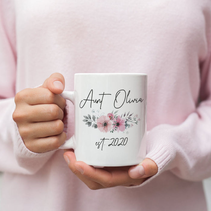 Personalized Coffee Mug For Auntie From Niece Nephew Pink Florals Funny Cute Custom Name Gifts For Christmas