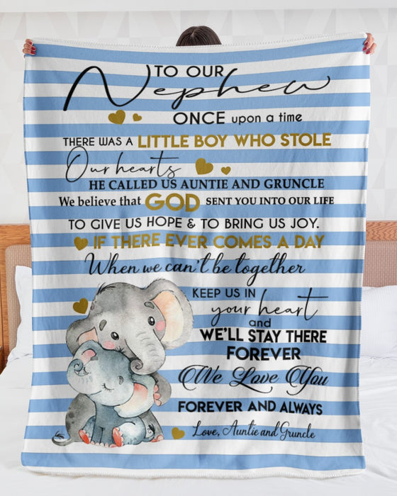 Personalized To My Nephew Blanket From Aunt Uncle Hugging Cute Elephant Blue Striped Custom Name Gifts For Christmas