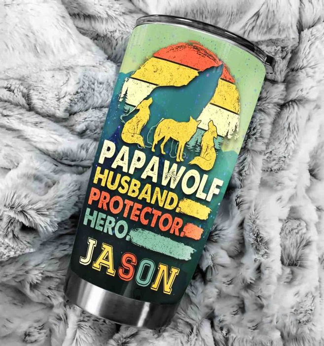 Personalized Tumbler For Grandpa From Grandchild Retro Papawolf Husband Protector Custom Name Travel Cup Birthday Gifts