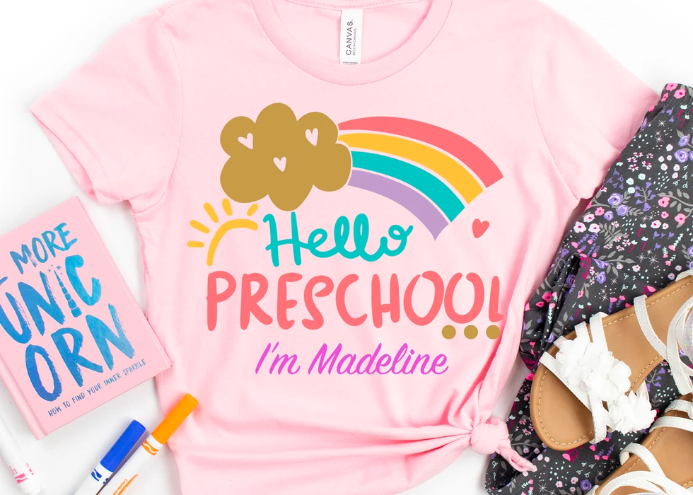 Personalized T-Shirt For Kid Hello Preschool Colorful Rainbow Sun & Cloud Print Custom Name Back To School Outfit
